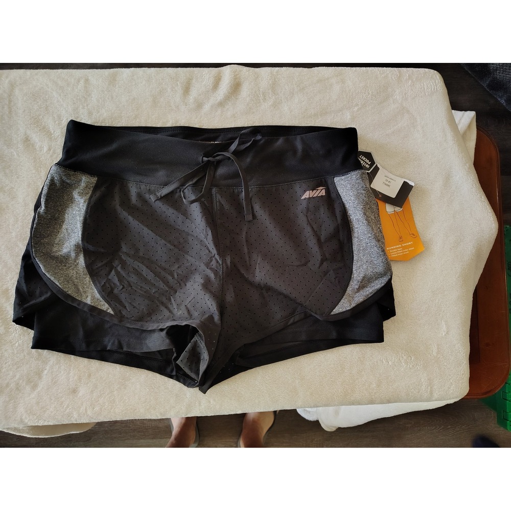 Avia Womens Flyaway Running Shorts Black Gray Double Layer Interior Pocket S NEW